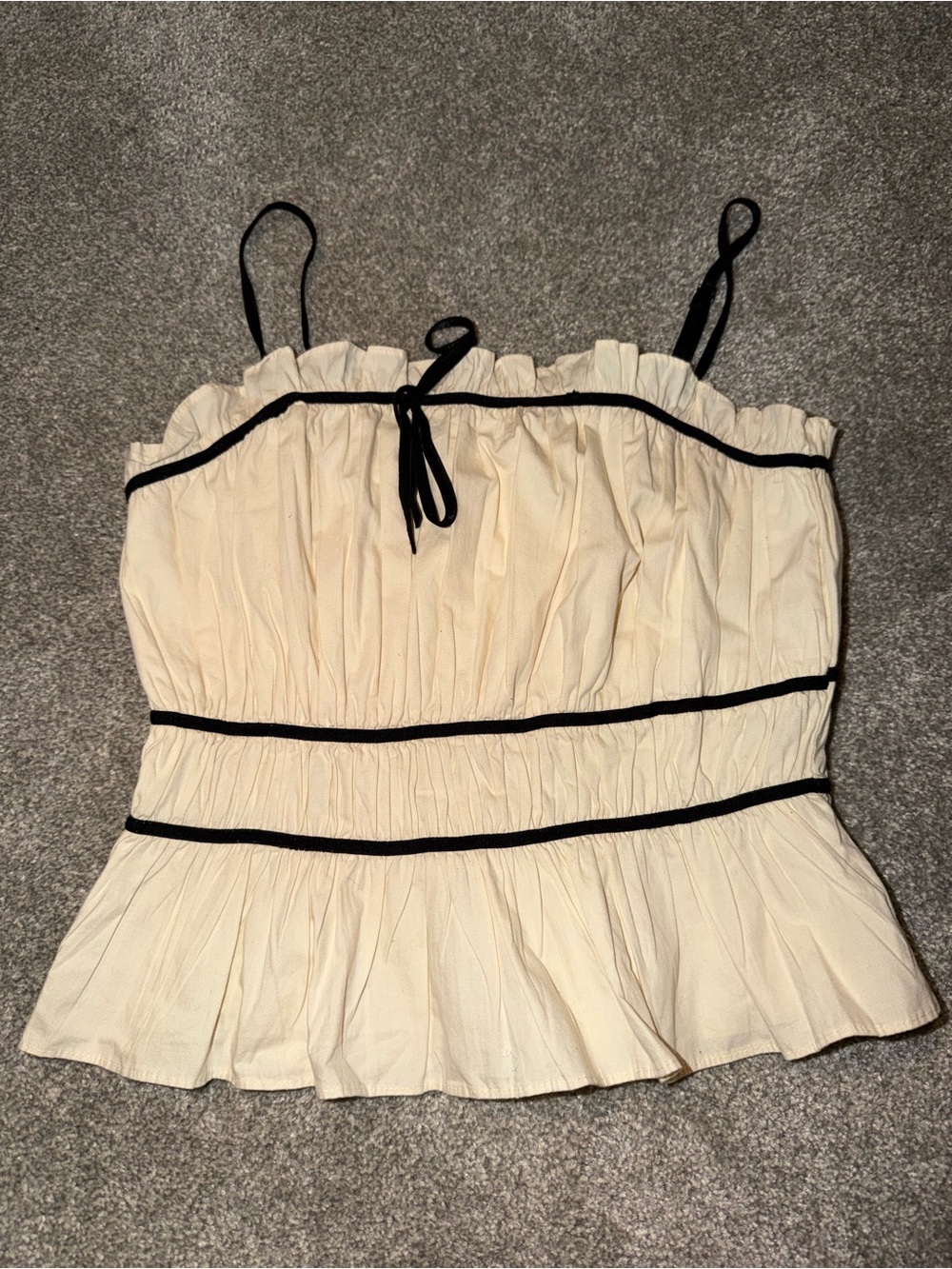 Cream Ruched Spaghetti Strap Ruffle Top with Black Trim